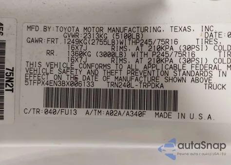2011 Toyota Tacoma from USA, damaged, VIN 5TFPX4EN3BX006133